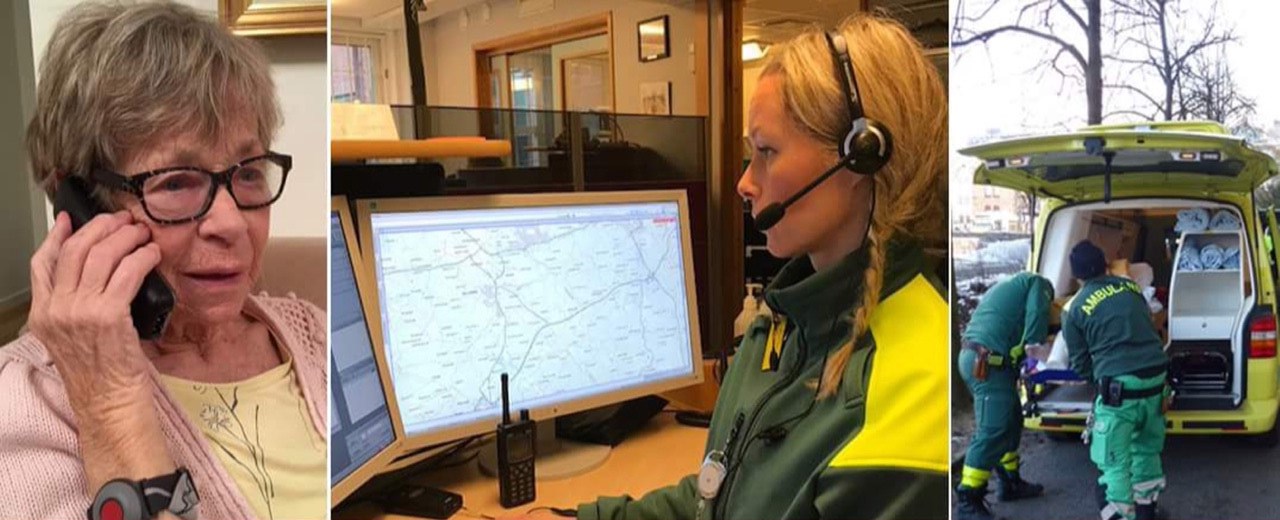 Kvinnor och telefon samt ambulansbil