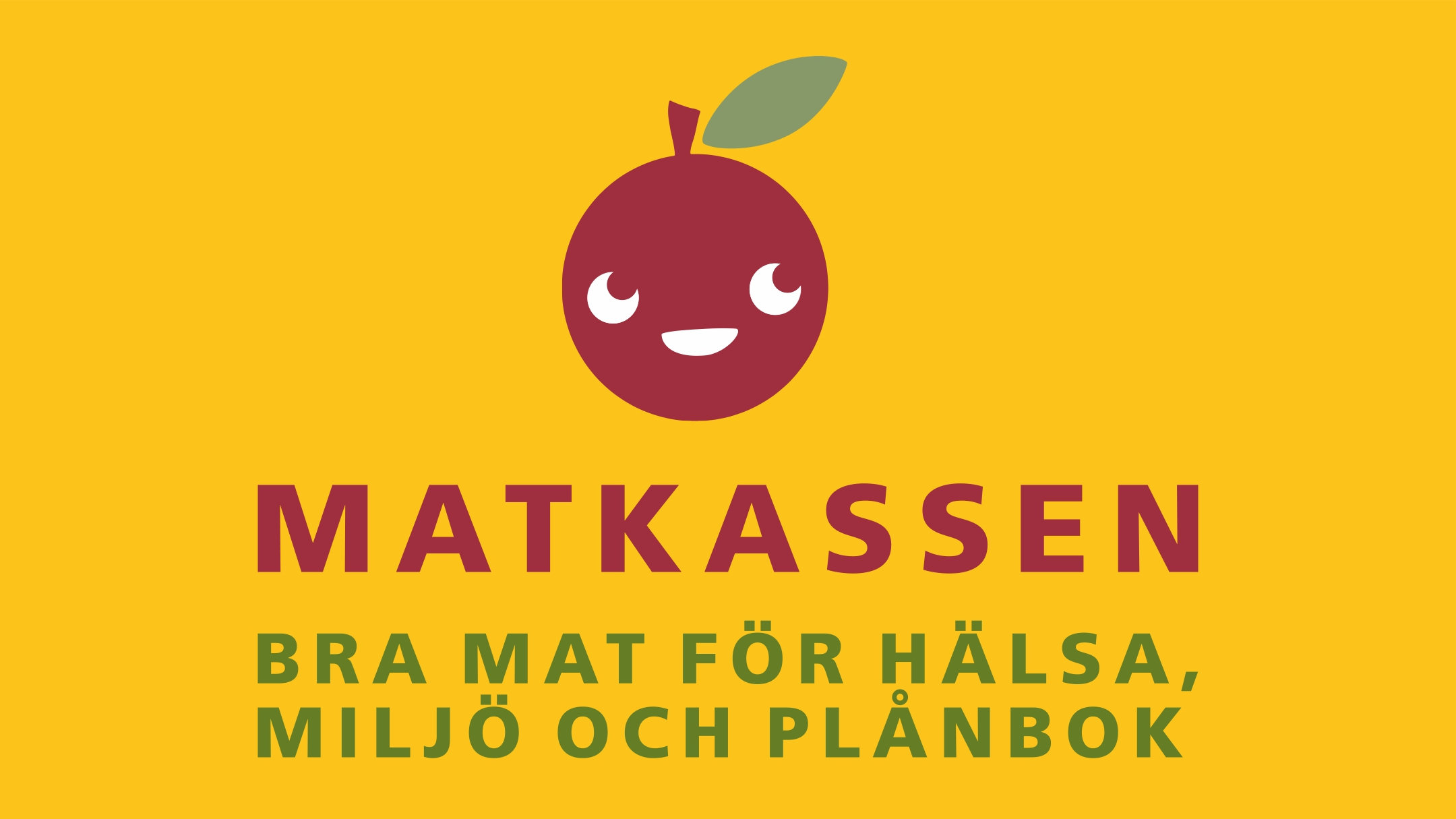 Illustration för att informera om Matkassen. Text MATKASSEN, BRA MAT FÖR HÄLSA, MILJÖ OCH PLÅNBOK.